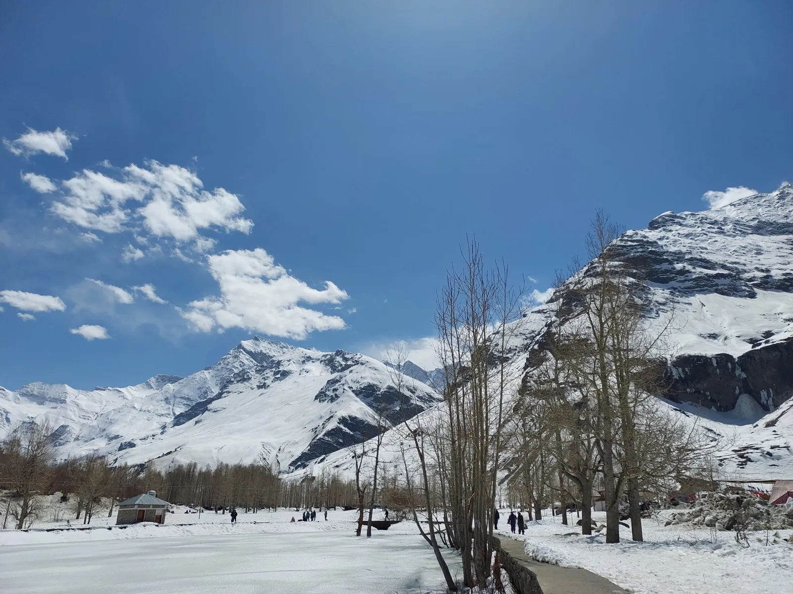 A frozen lake and snowfield lined with bare trees, travelers walking in the distance